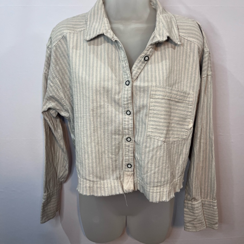 FP We The Free Cream Striped Button-Down Cropped Size M